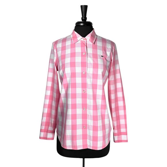 Vineyard Vines Tops - Vineyard Vines Women’s Shirt 8 Pink White Plaid Check Cotton Long Sleeve Preppy